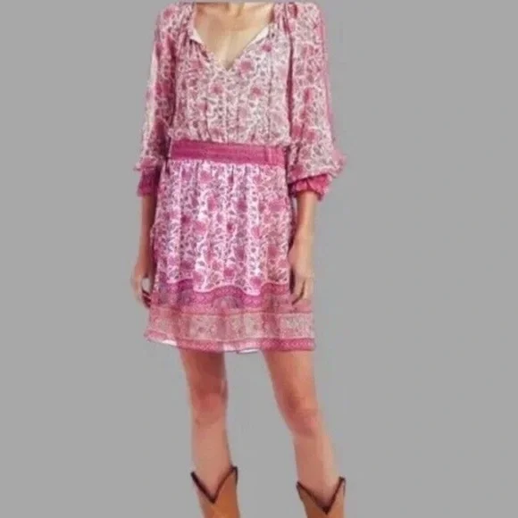 Anthropologie Love The Label Pink Floral Border Print Mini Dress small - Picture 1 of 12